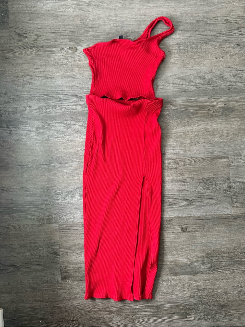 Lulu's Red Ribbed One-Shoulder Cutout Midi Dress